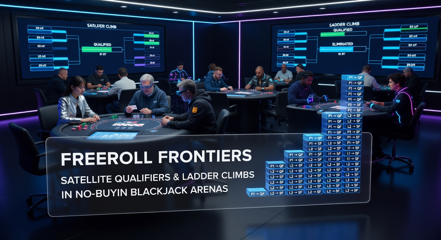 Players competing intensely in a bustling freeroll blackjack arena, chips flying across virtual tables under bright tournament lights