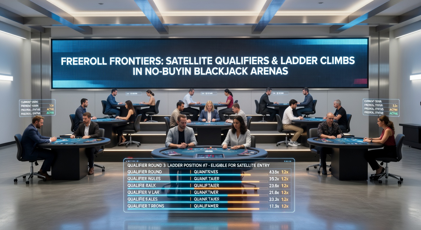 A digital ladder graphic showing players climbing ranks in a satellite qualifier, with prize tiers glowing at the top