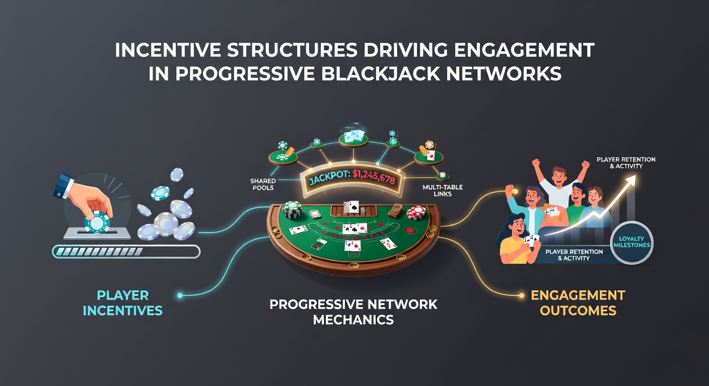 Progressive blackjack network interface showing jackpot growth and player reward tiers