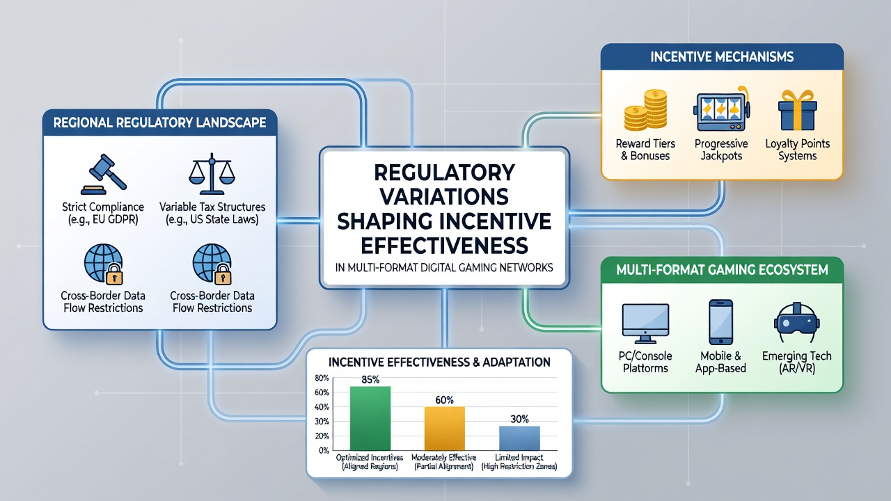 Infographic showing incentive structures and regulatory frameworks in global digital gaming networks